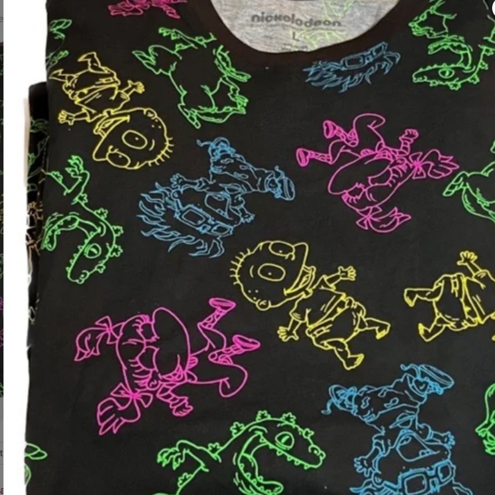 Rugrats Shirt Mens Large Black Neon‎ All Over Print Nickelodeon Cartoon Tee - Picture 4 of 11